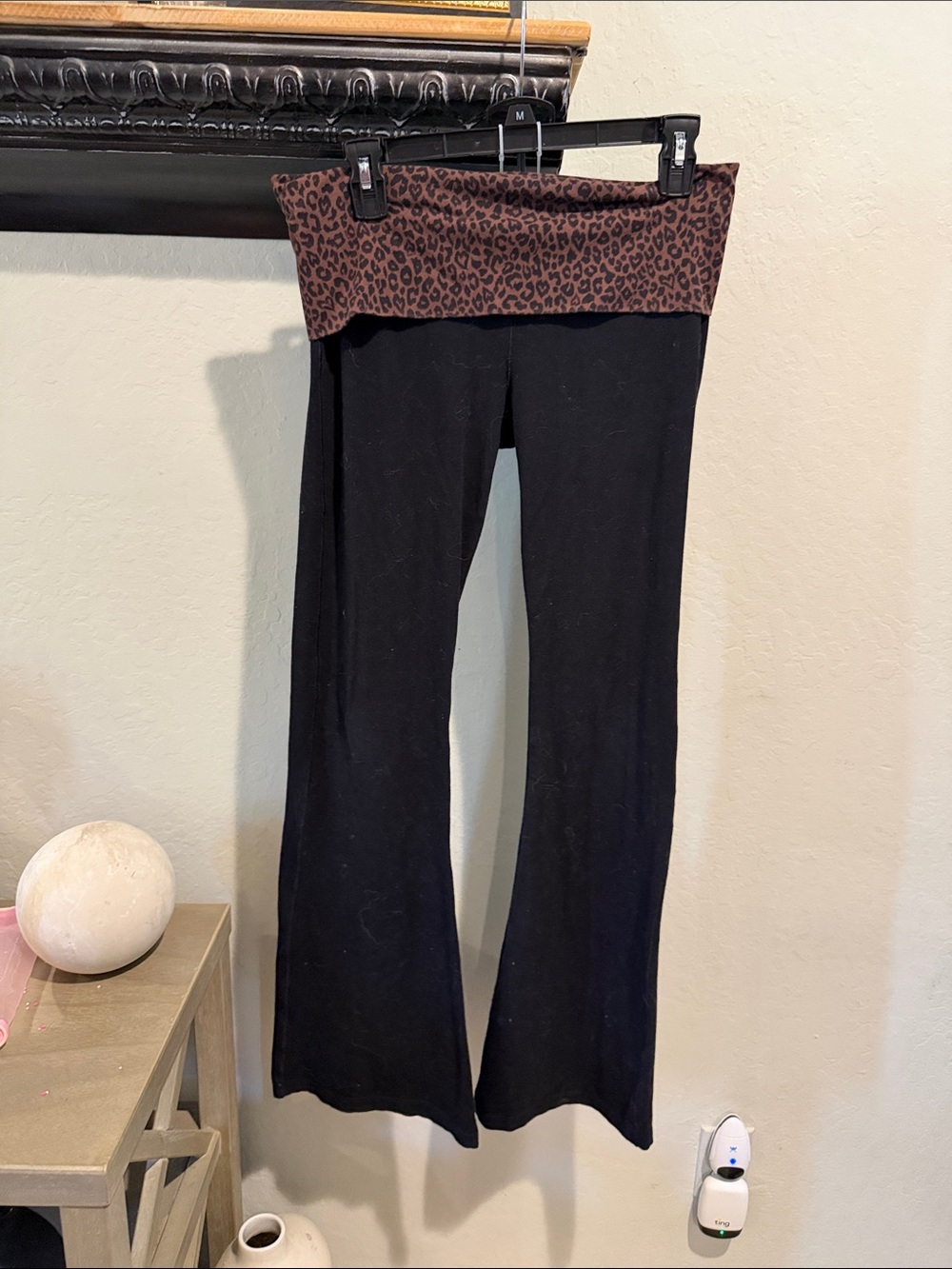VS PINK Black Yoga flare Pants with Brown Leopard Fold-Over Waistband
